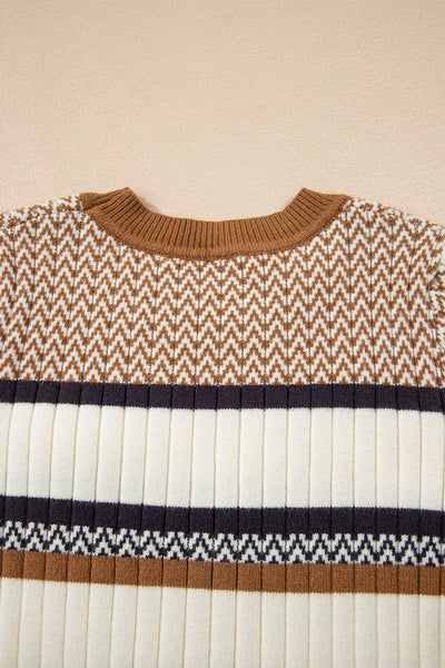 Brown Stripe Chevron Pattern Knitted Ribbed Trim Slim Fit Sweater