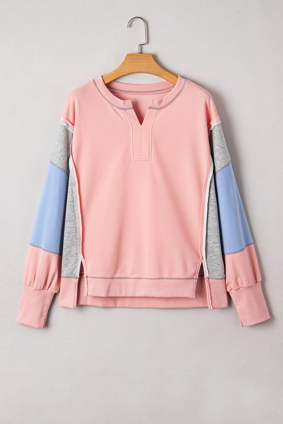 Apricot Pink Exposed Seam Colorblock Split Cuffs & Hem Oversized Sweatshirt