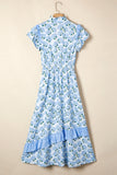 Sky Blue Hydrangea Floral Print Ruffle Trim Flutter Sleeve Long Dress