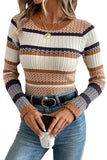 Brown Multi Striped Chevron Pattern Knit Ribbed Trim Slim Fit Sweater