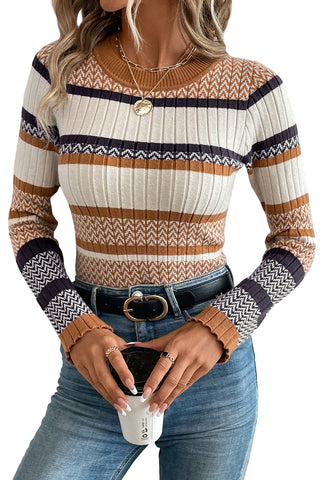 Brown Stripe Chevron Pattern Knitted Ribbed Trim Slim Fit Sweater