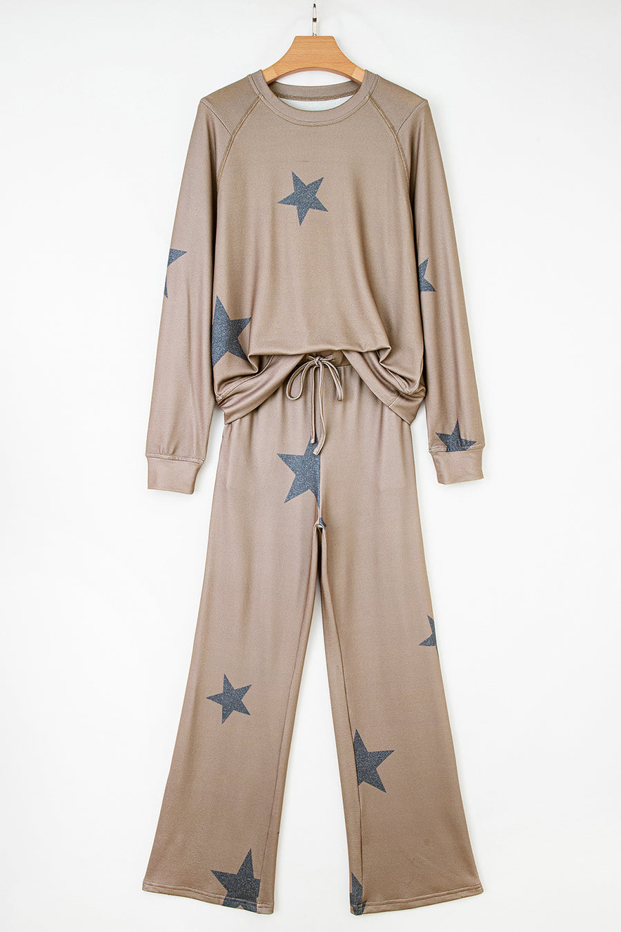 Khaki Retro Star Print Long Sleeve Pullover Drawstring Wide Leg Pajama Set