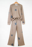 Khaki Retro Star Print Long Sleeve Pullover Drawstring Wide Leg Pajama Set
