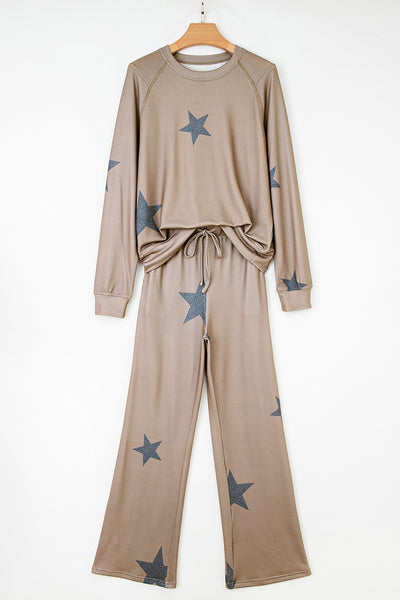 Khaki Retro Star Print Long Sleeve Pullover Drawstring Wide Leg Pajama Set