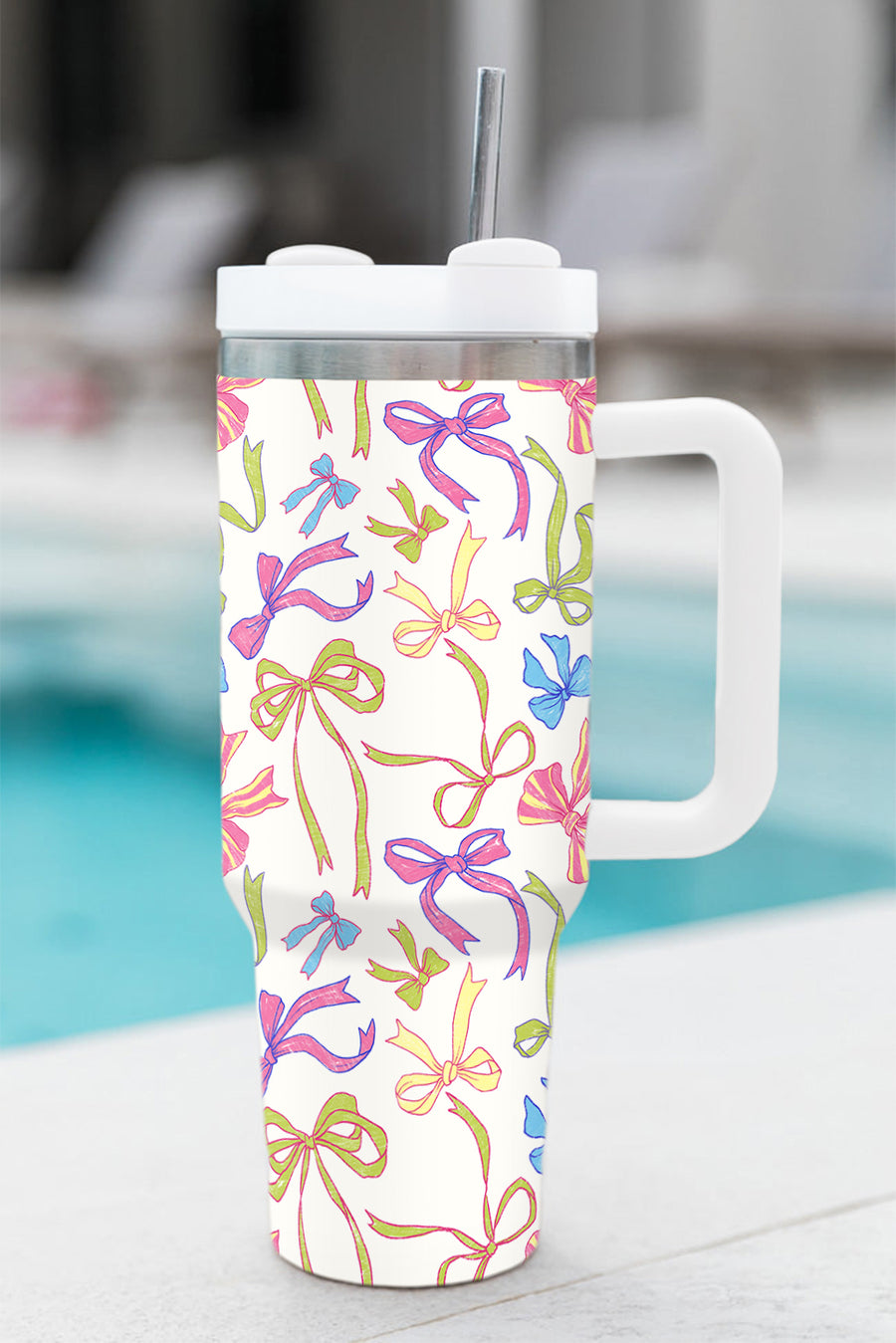 White Bow Print Large Stainless Steel Tumbler