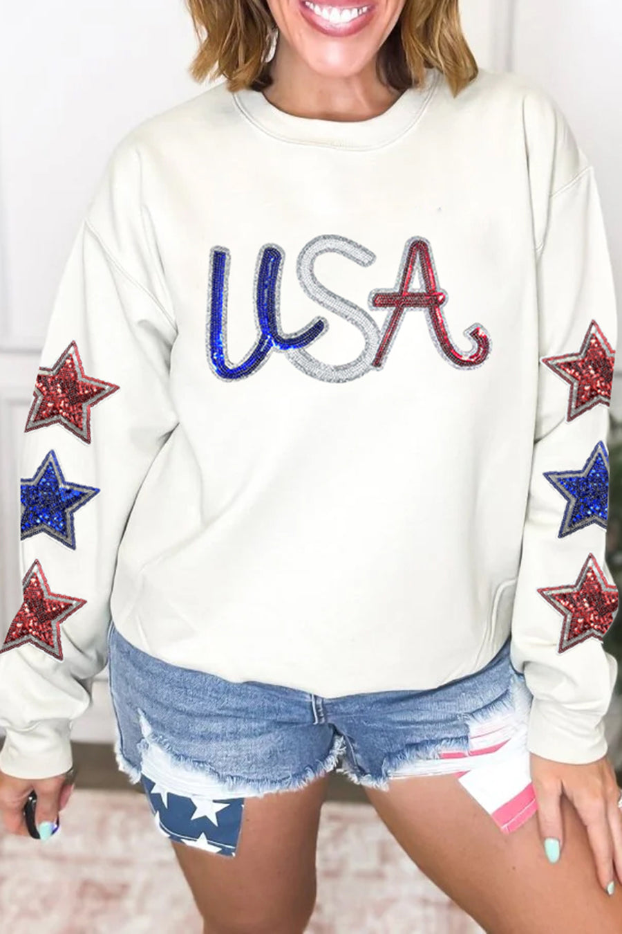 White Sequin USA Star Patch Sleeves Relaxed Fit Sweatshirt