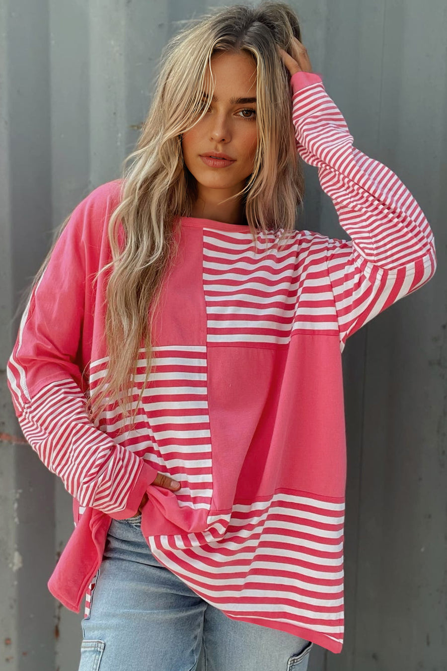 Pink Stripe Color Block Patchwork Drop Shoulder Long Sleeve High-Low Top