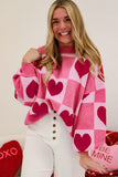 Pink Heart & Checkered Pattern Drop Shoulder Crew Neck Knit Sweater