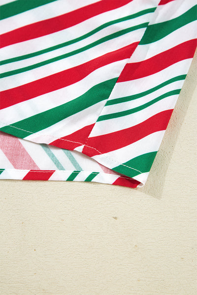 Green Striped Piping Trim Velvet Ribbon Knot Christmas Pajama Set