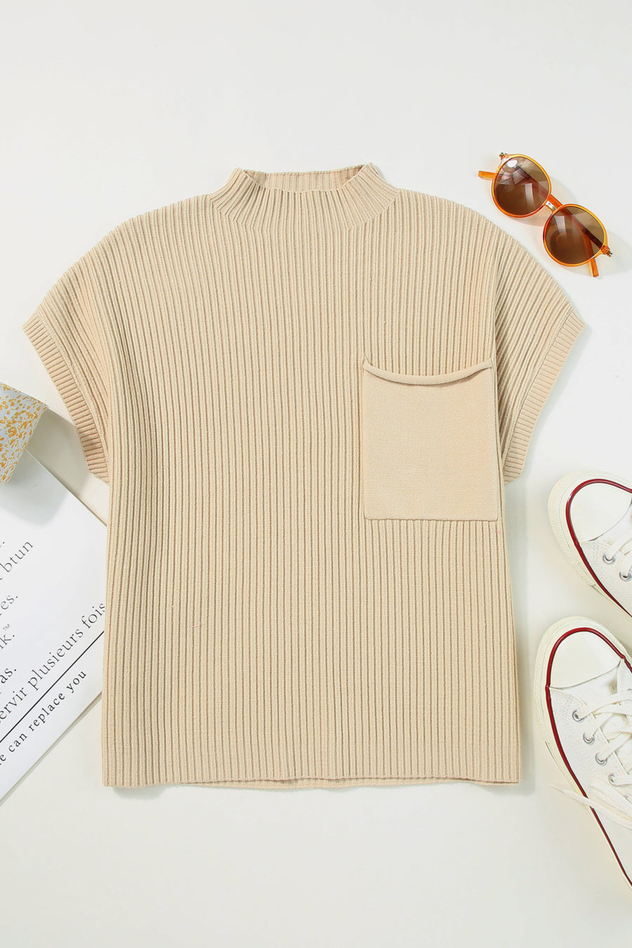 Green Pocket Ribbed Knit Short Sleeve Sweater- 9 Colors