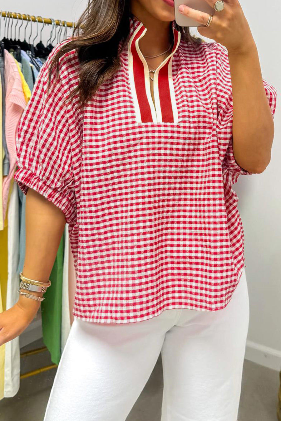 Gingham Short Sleeve Color Block Trim Split Neck Blouse- 2 Colors
