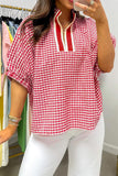 Gingham Short Sleeve Color Block Trim Split Neck Blouse- 2 Colors