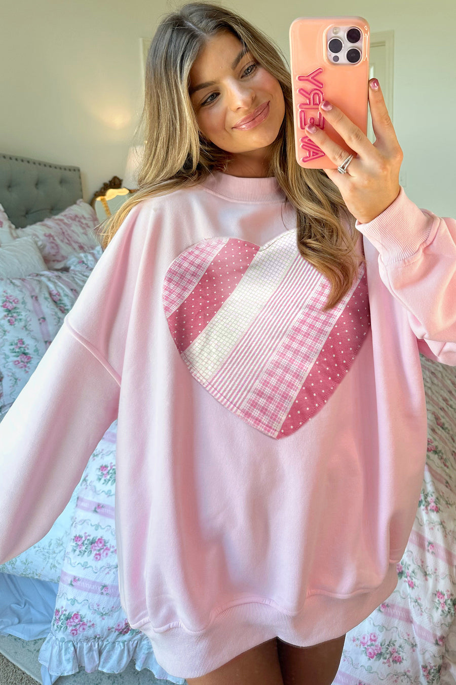 Light Pink Heart Quilt Patch Oversized Sweatshirt
