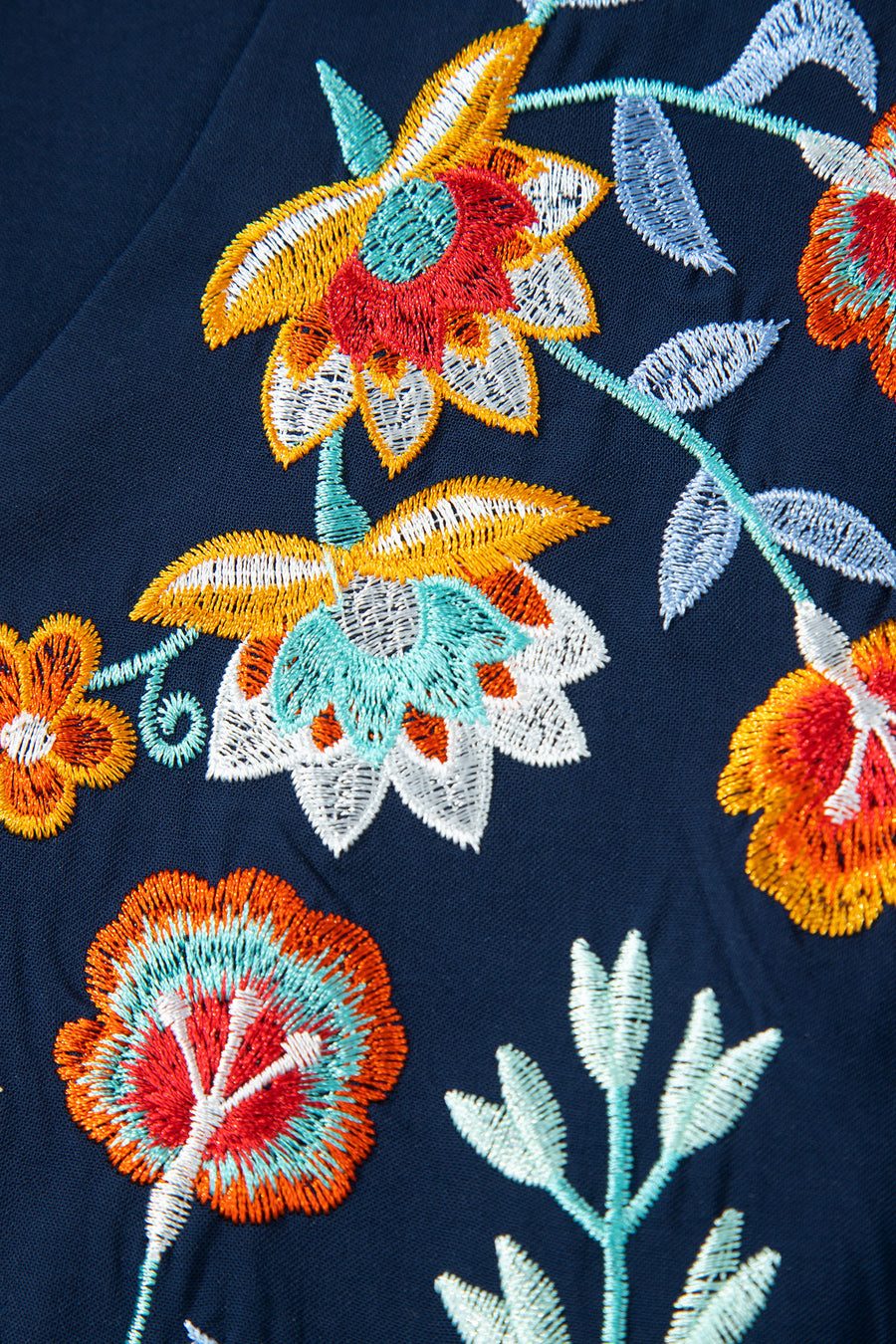 Navy Blue V-Neck Ruffled Sleeve Floral Embroidered Babydoll Blouse