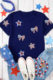 Navy Blue American Flag Bows and Stars Sequin Patches T-Shirt