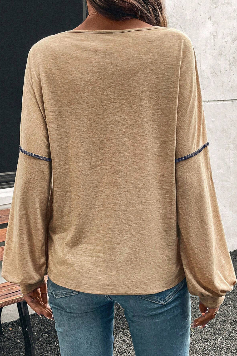 Blue Exposed Seam Color Block V-Neck Long Sleeve Top with Pocket