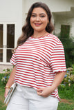 Plus Size Red Striped Scalloped Trim Crew Neck Short Sleeve T-Shirt