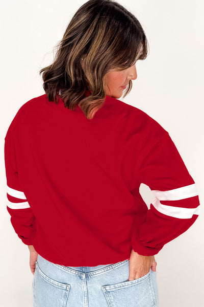 Fiery Red Varsity Striped Detail Plus Size Round Neck Sweatshirt