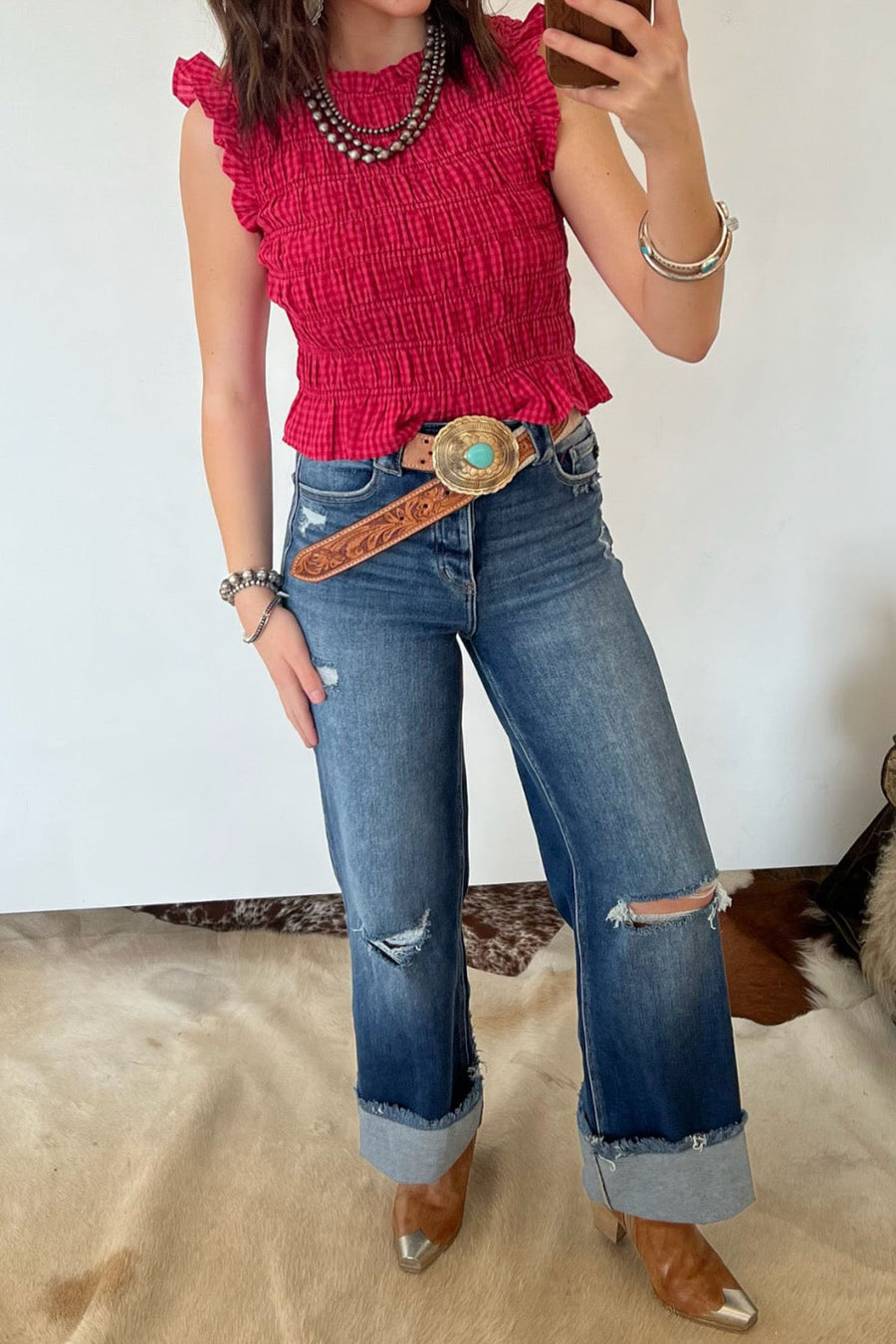 Red Plaid Shirred Ruffle Trim Tank Top