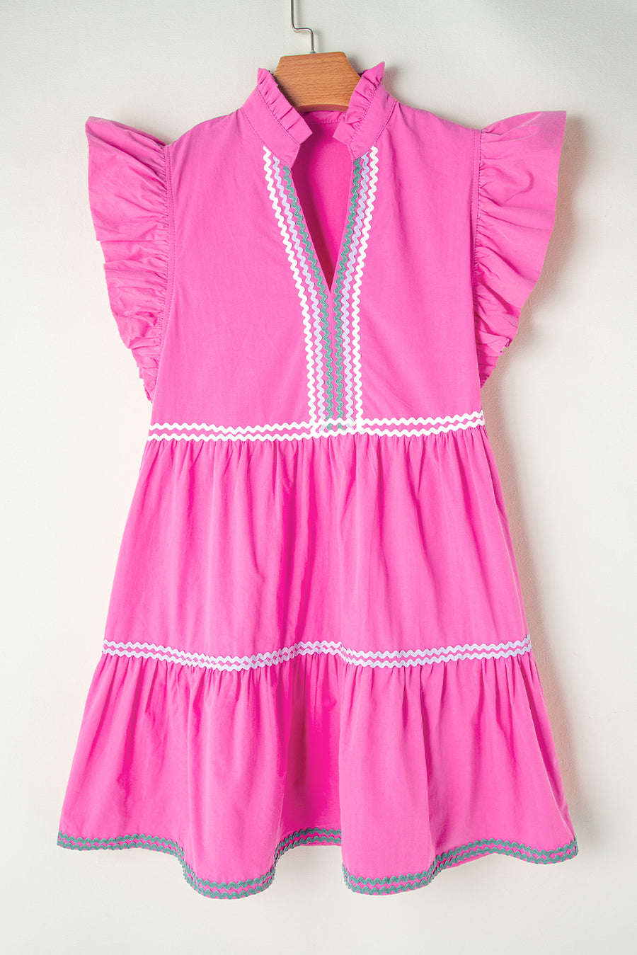 Bright Pink Flutter Sleeve V-Neck Ricrac Tiered Mini Dress