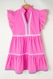 Bright Pink Flutter Sleeve V-Neck Ricrac Tiered Mini Dress