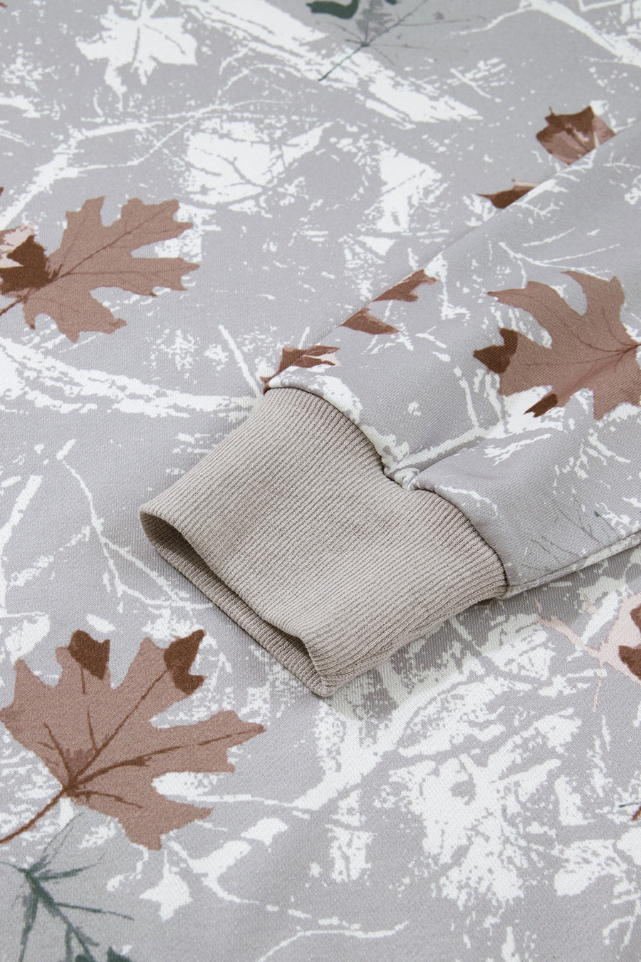 Gray Maple Leaf Camouflage Print Varsity Striped Sleeve Casual Sweatshirt