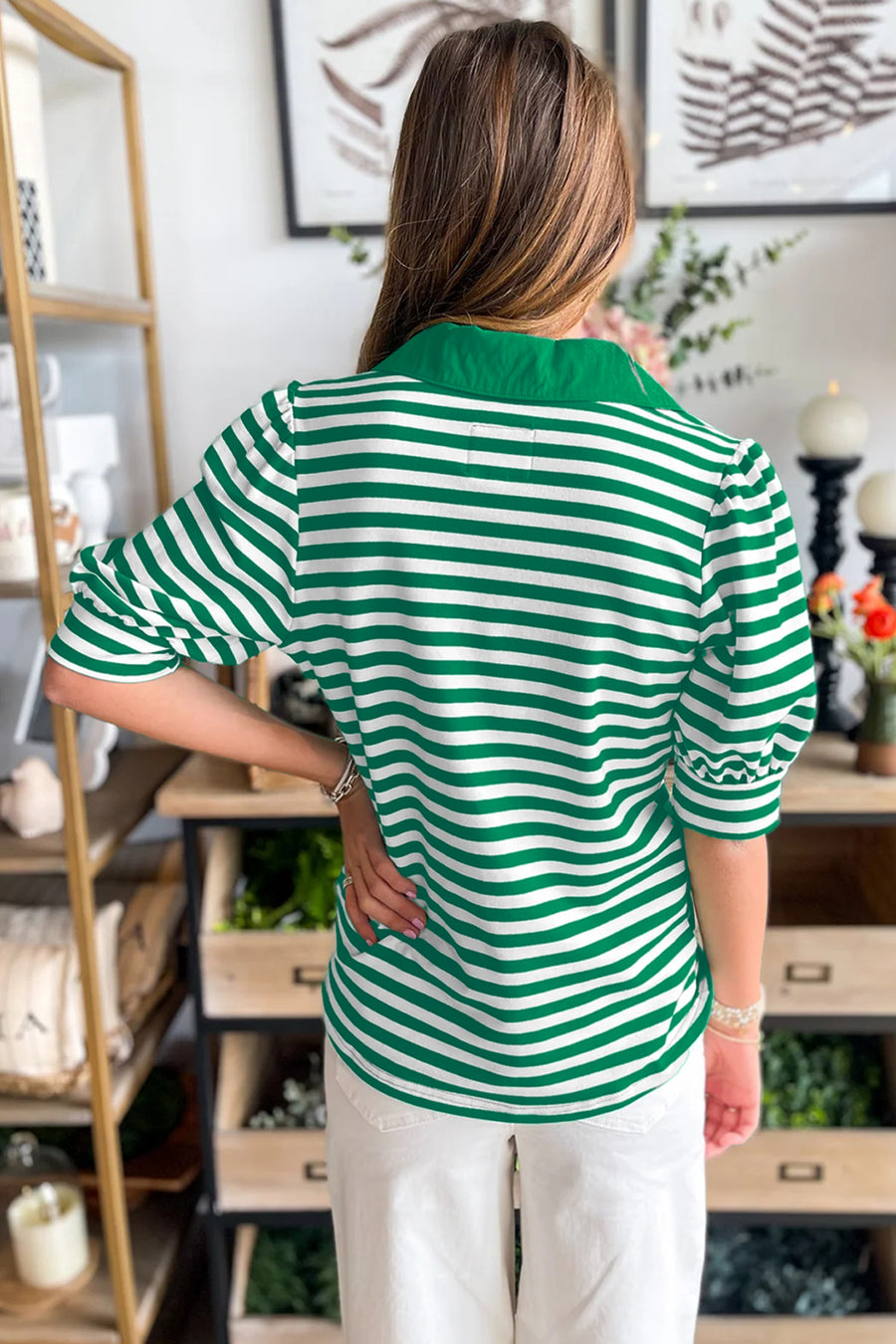 Green Striped Collared V-Neck Short Puff Sleeve Top