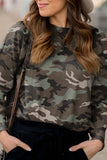 Green Camouflage Textured Long Sleeve Crew Neck Top