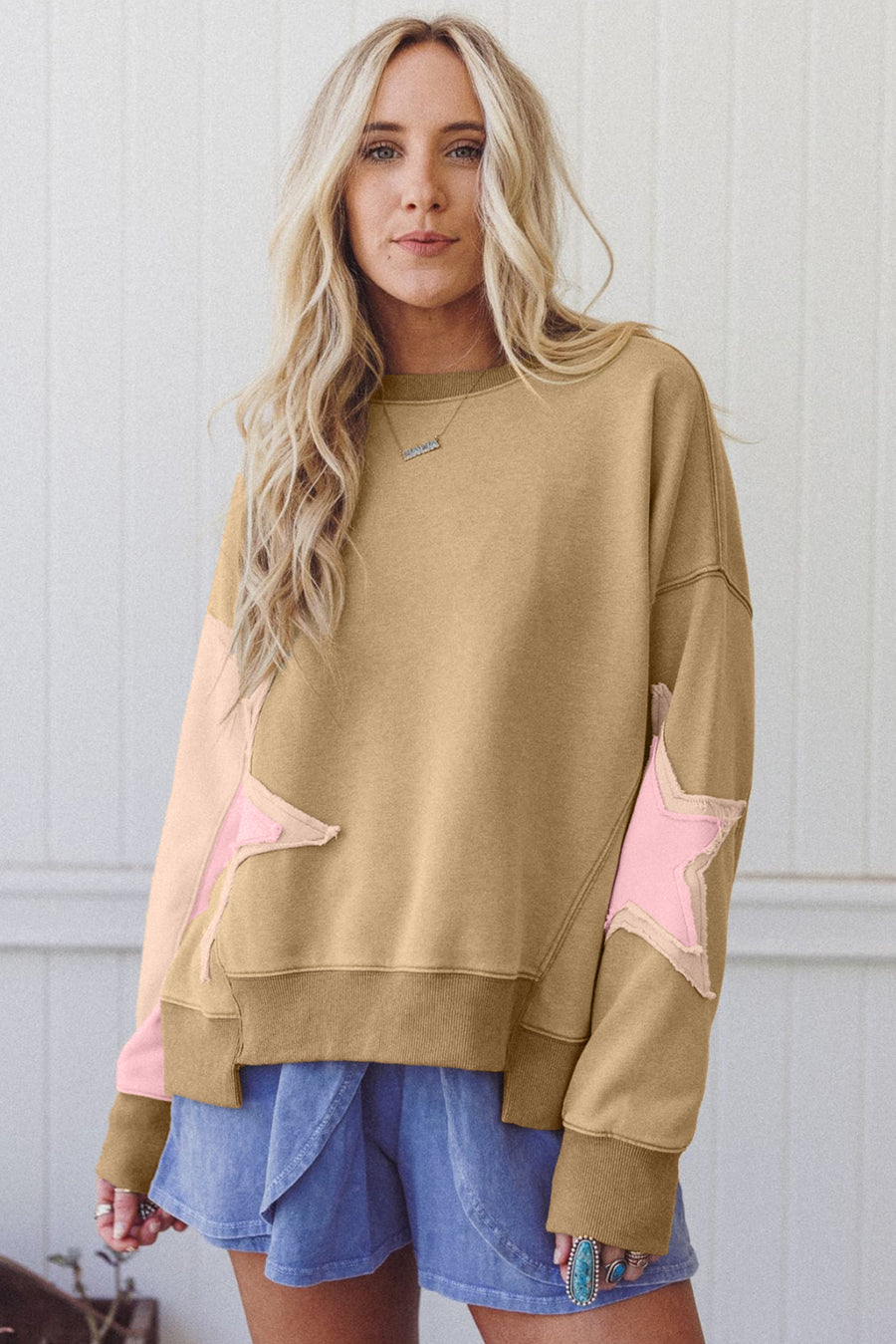 Star Patch Exposed Seam Uneven Hem Sweatshirt- 2 Colors