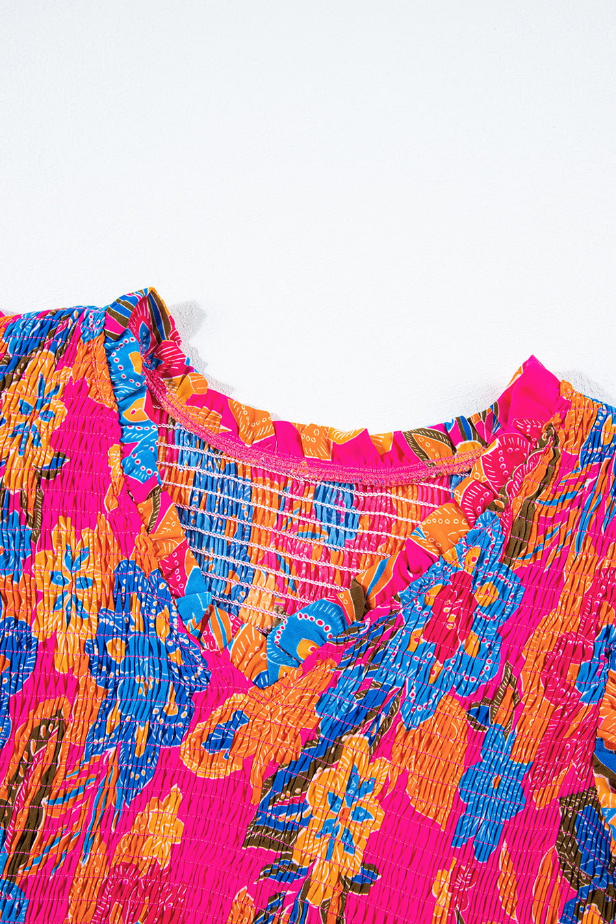 Neon Pink Floral Frill V-Neck Smocked Peplum Blouse