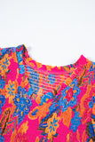 Neon Pink Floral Frill V-Neck Smocked Peplum Blouse