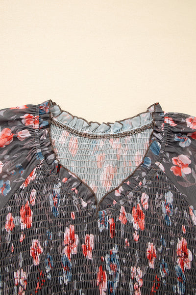 Brown Frilly Smocked Bodice Floral Mesh Long Sleeve Mini Dress