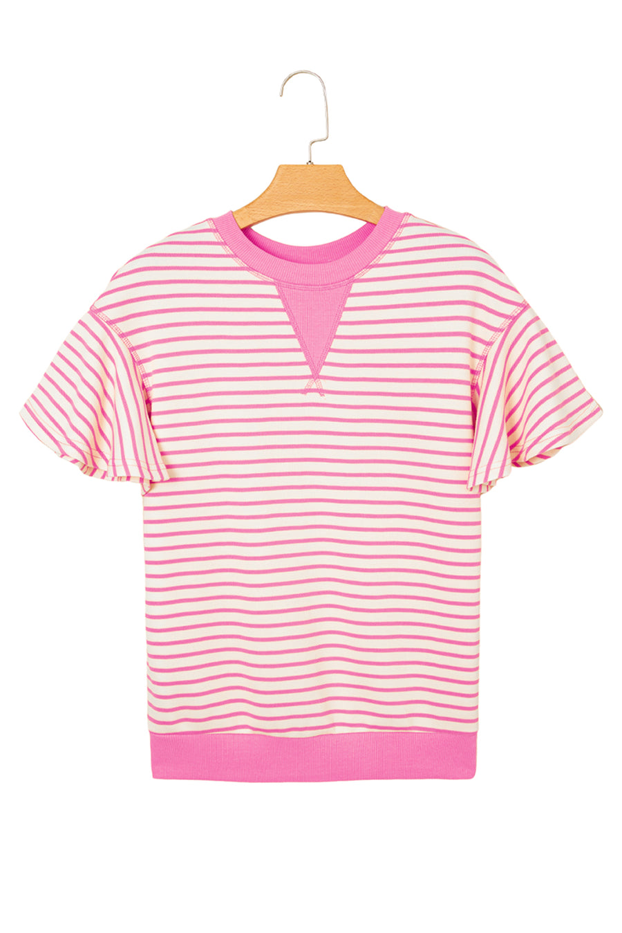 Striped Ruffle Sleeve Crew Neck T-Shirt- 3 Colors