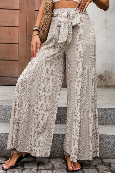 Beige Boho Ethnic Print Knot Waist Wide Leg Pants