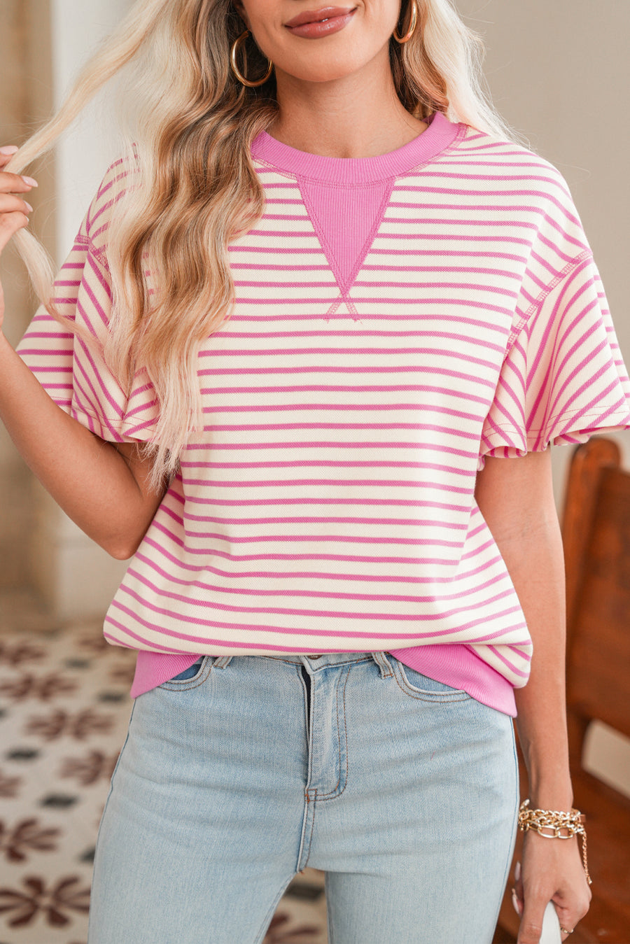 Striped Ruffle Sleeve Crew Neck T-Shirt- 3 Colors