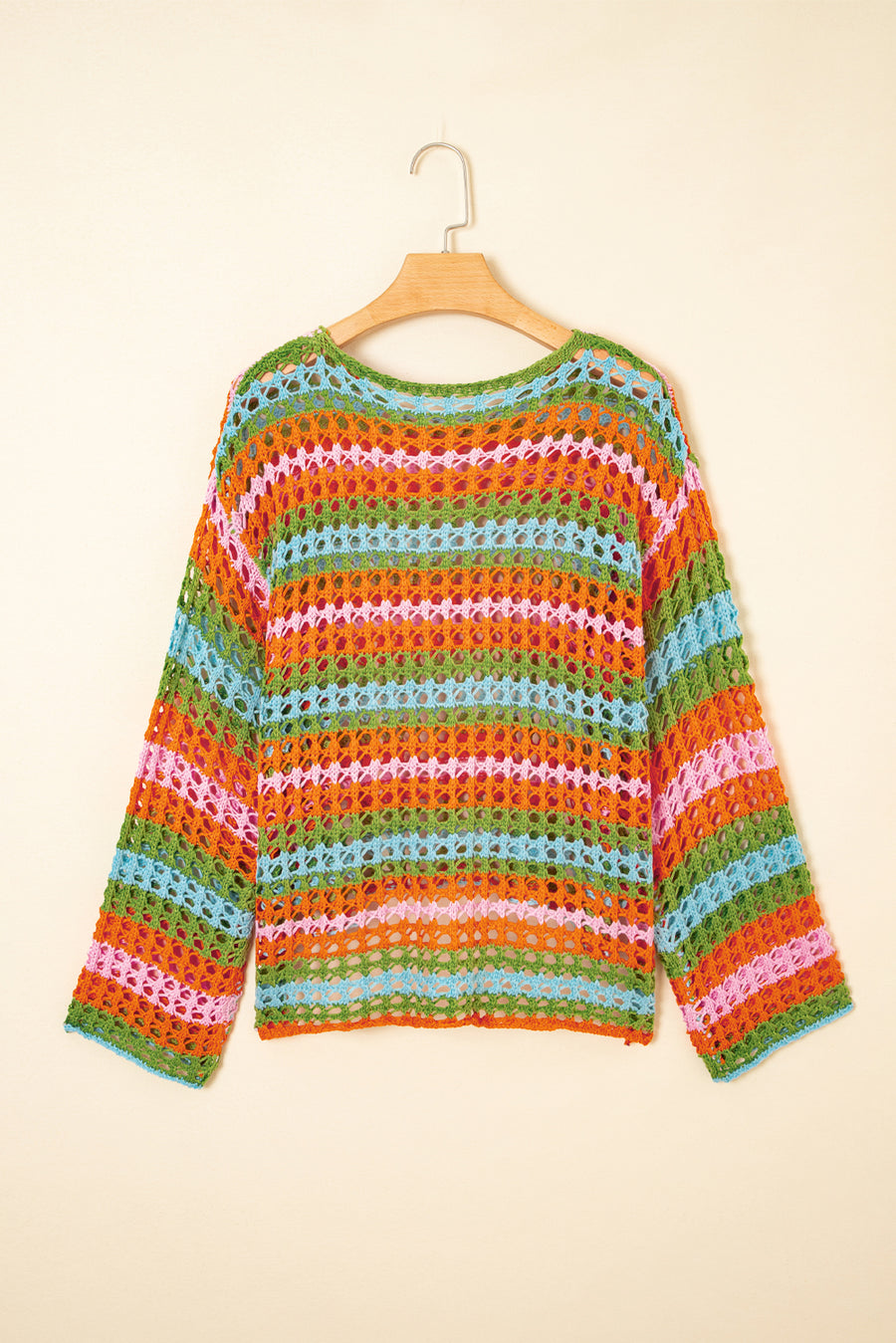 Openwork Side Slit Crew Neck Striped Cover-Up B- 2 Colors