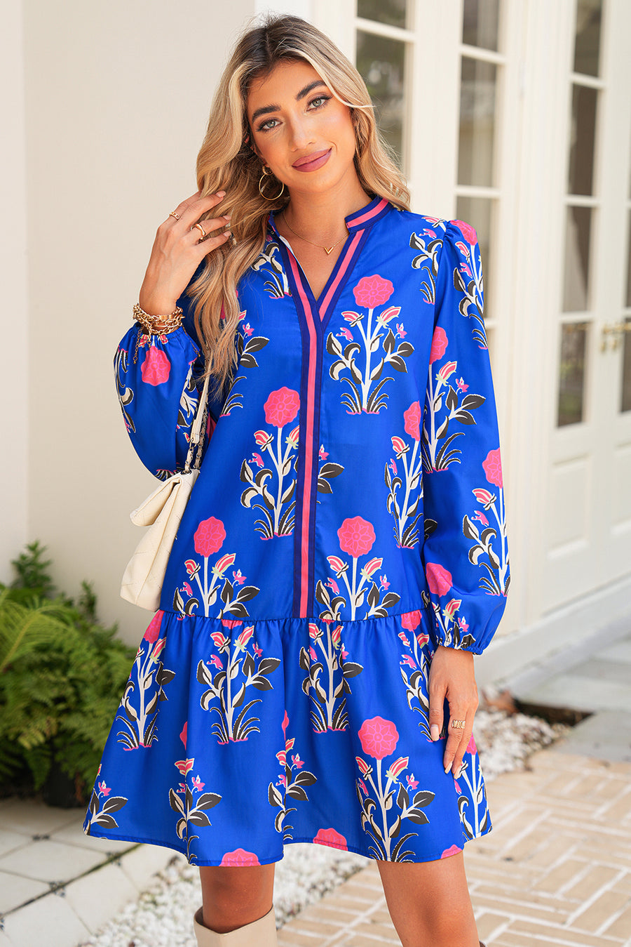 Floral Ruffle Hem Contrast Trim Neckline Mini Dress- 2 Colors