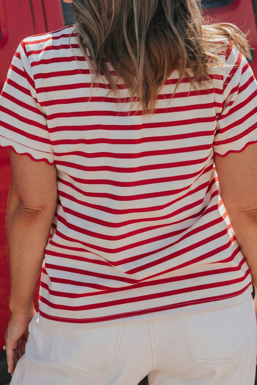 Plus Size Red Striped Scalloped Trim Crew Neck Short Sleeve T-Shirt