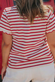 Plus Size Red Striped Scalloped Trim Crew Neck Short Sleeve T-Shirt