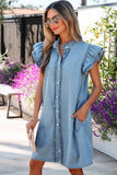 Frill Neck Button-Up Ruffled Short Sleeve Denim Mini Dress- 2 Colors