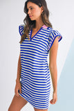 Striped Ruffle Short Sleeve Contrast Neckline Mini Dress- 3 Colors