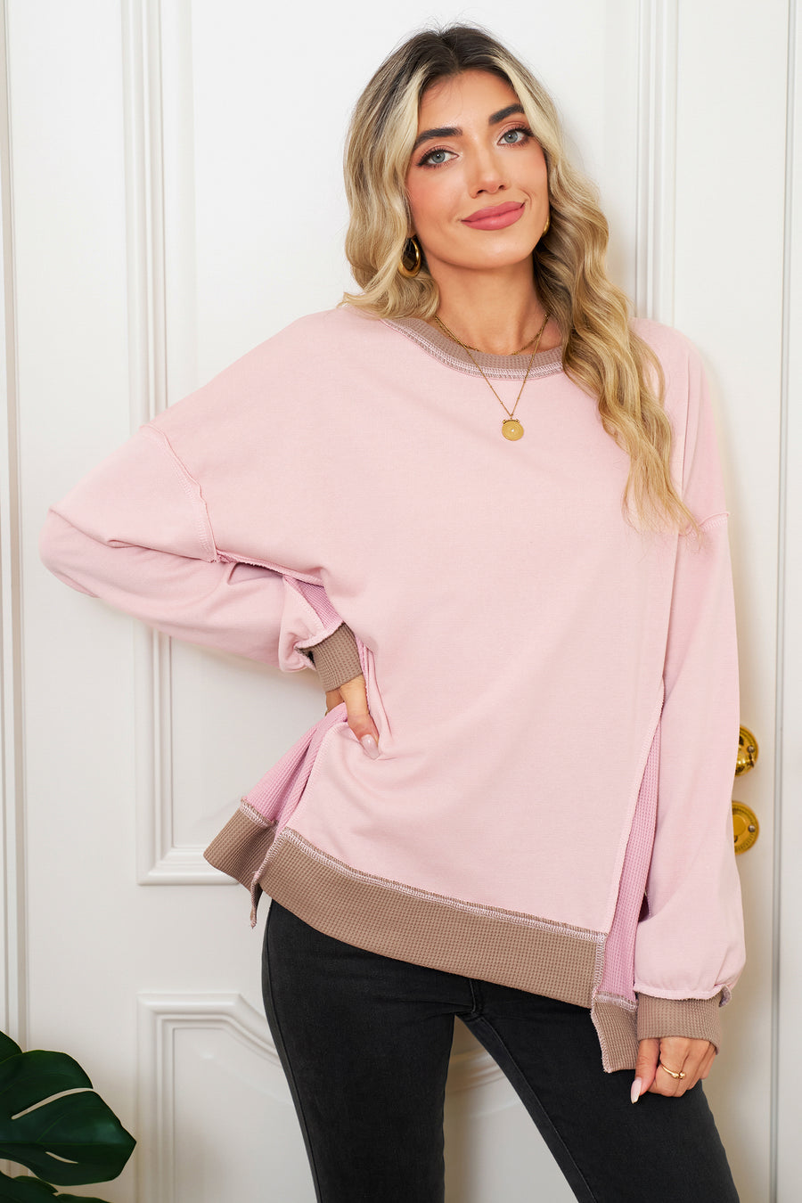 Color Block Waffle Knit Patchwork Oversized Sweatshirt- 3 Colors