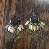 Worn Gold Stone & Fringe Earrings- Black