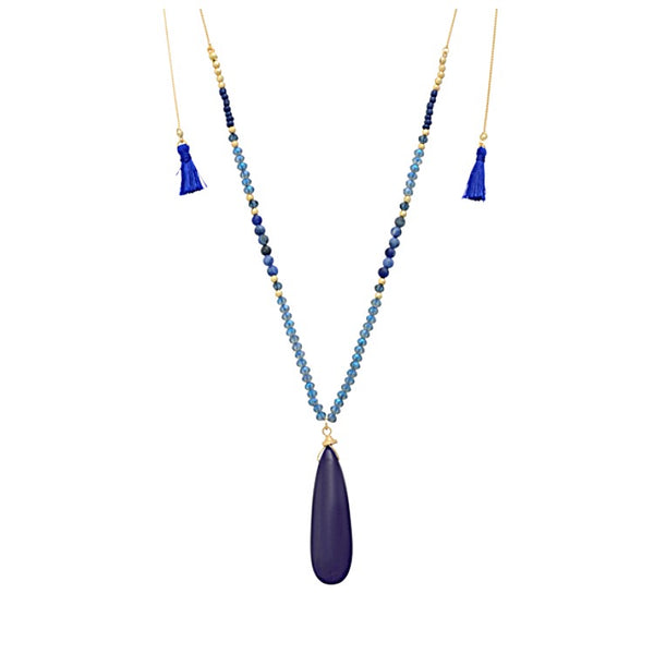 Gold Tone Adjustable Teardrop, Beads, & Tassel Necklace- Navy