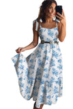 Blue Multi and White Floral Print Smocked Tie Strap Sleeveless Midi Dress