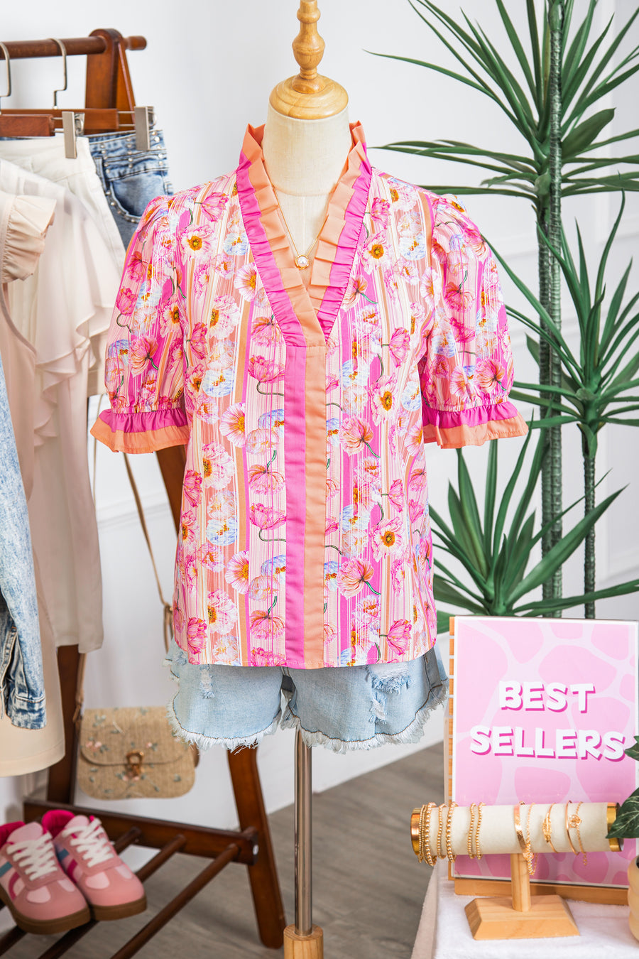 Pink Poppy Floral Striped Color Block Trim V-Neck Ruffled Short Sleeve Blouse