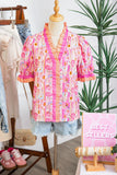 Pink Poppy Floral Striped Color Block Trim V-Neck Ruffled Short Sleeve Blouse