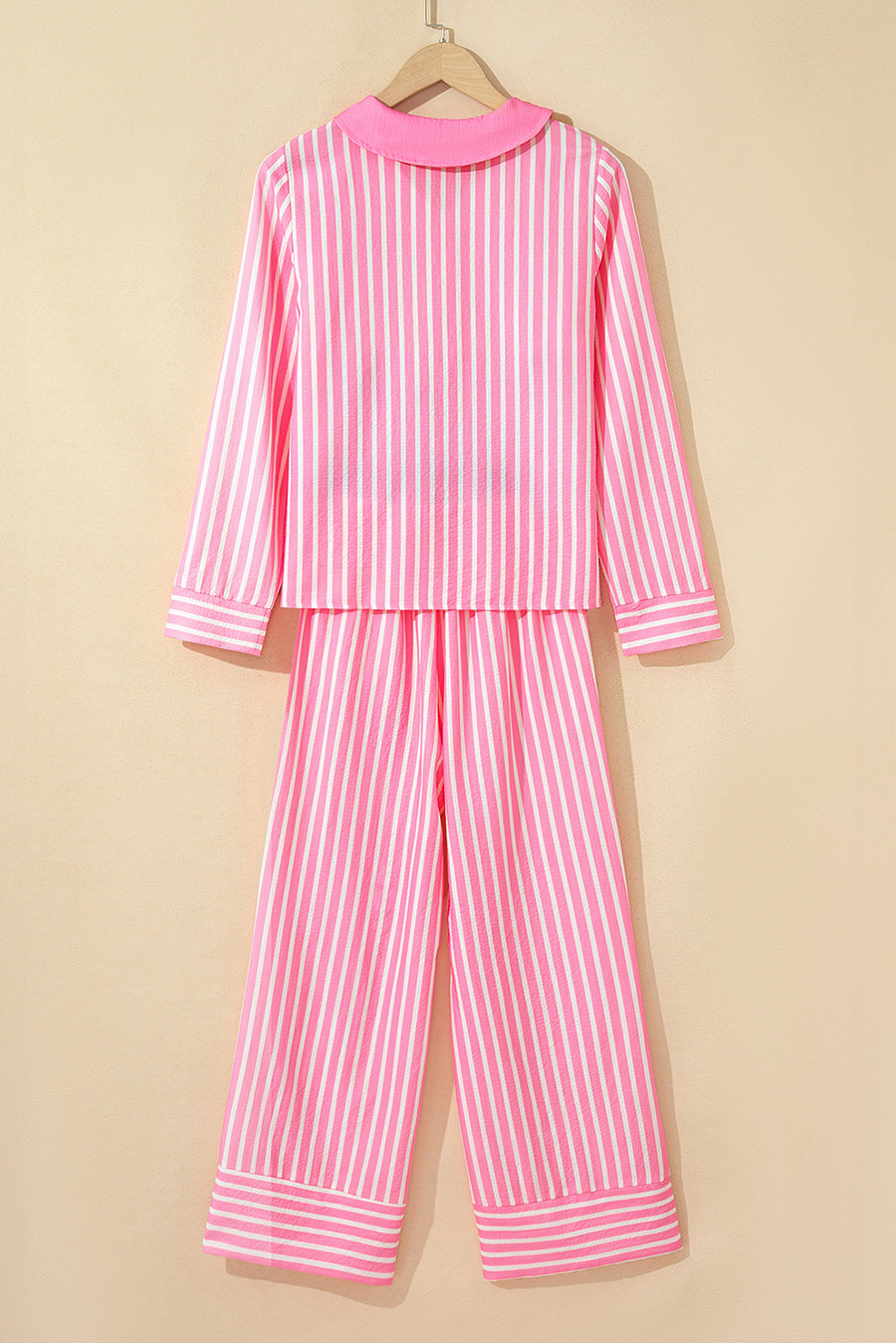 Pink Striped Bow Decor Peter Pan Collar Button-Up Top and Pants Pajama Set
