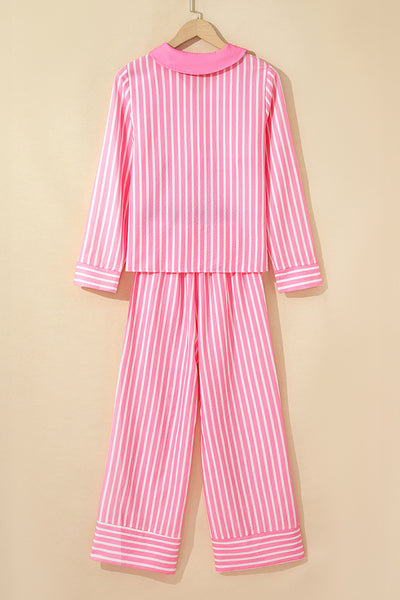 Pink Striped Bow Decor Peter Pan Collar Button-Up Top and Pants Pajama Set