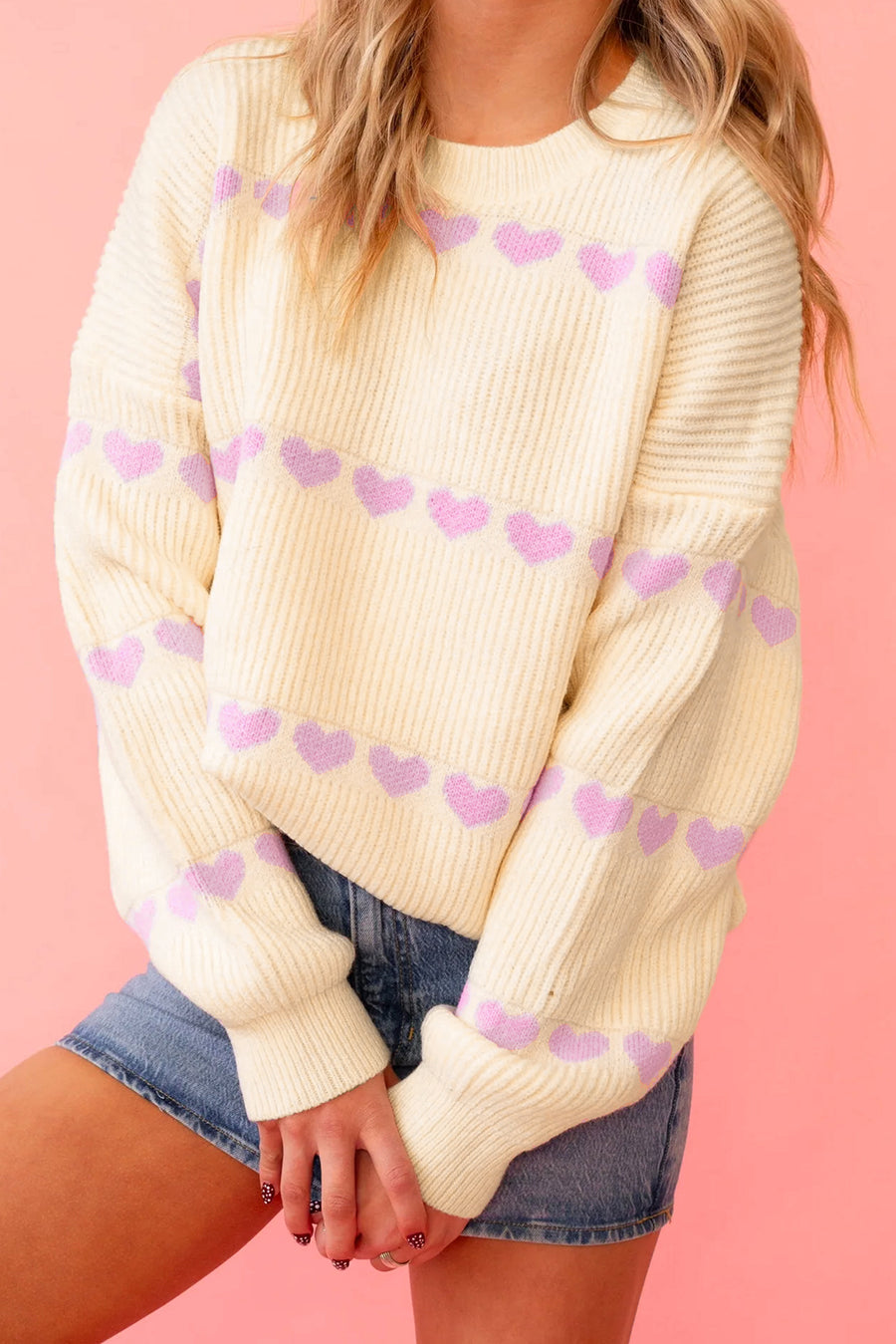 Cream & Pink Heart Stripe Ribbed Crew Neck Knit Sweater